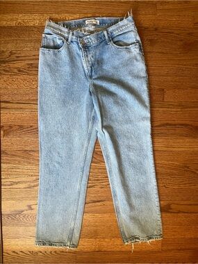 Abercrombie Light Blue Asymmetrical 90s Straight Ultra High Rise Jeans.